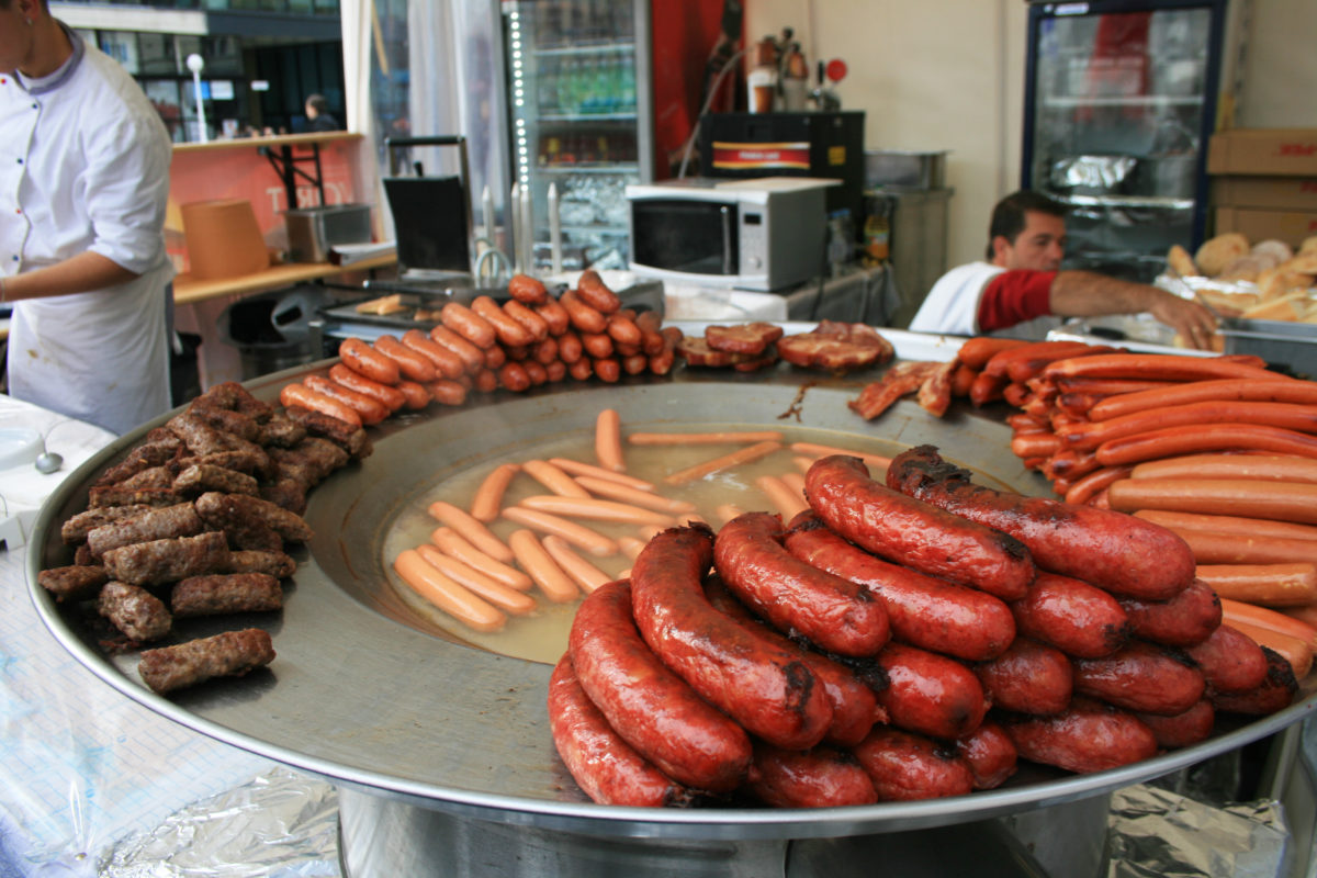 Stalls selling various types of sausages you can see in Zagreb